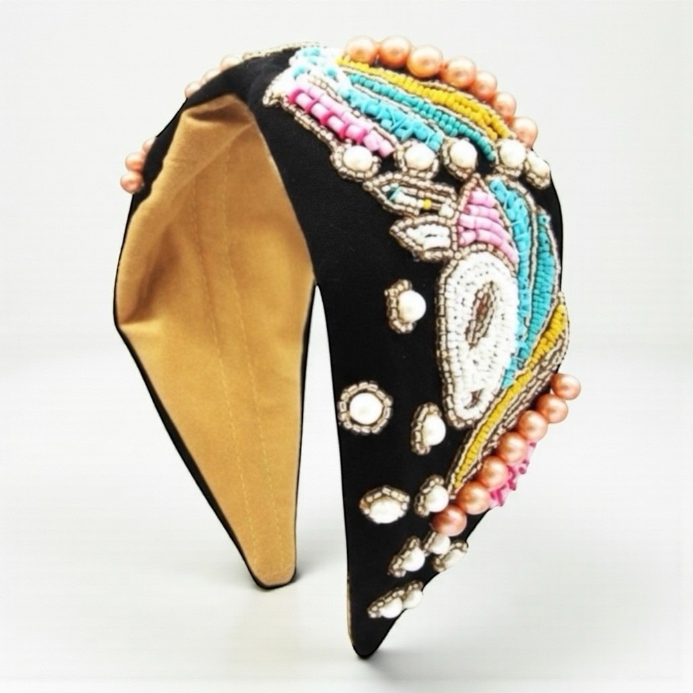 Black Beaded Unicorn Headband Pearl Crystal Rainbow Statement NWT